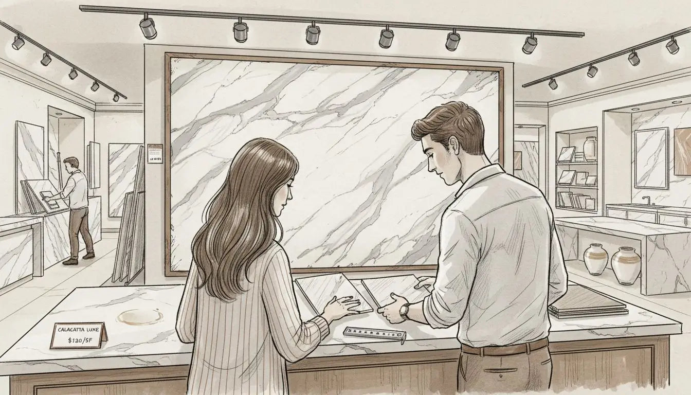 Couple choosing marble samples at showroom