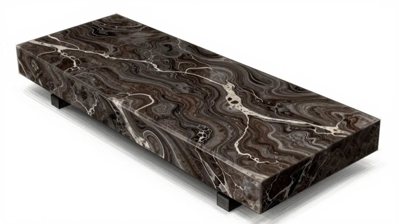 Emperador dark marble slab with natural veining.