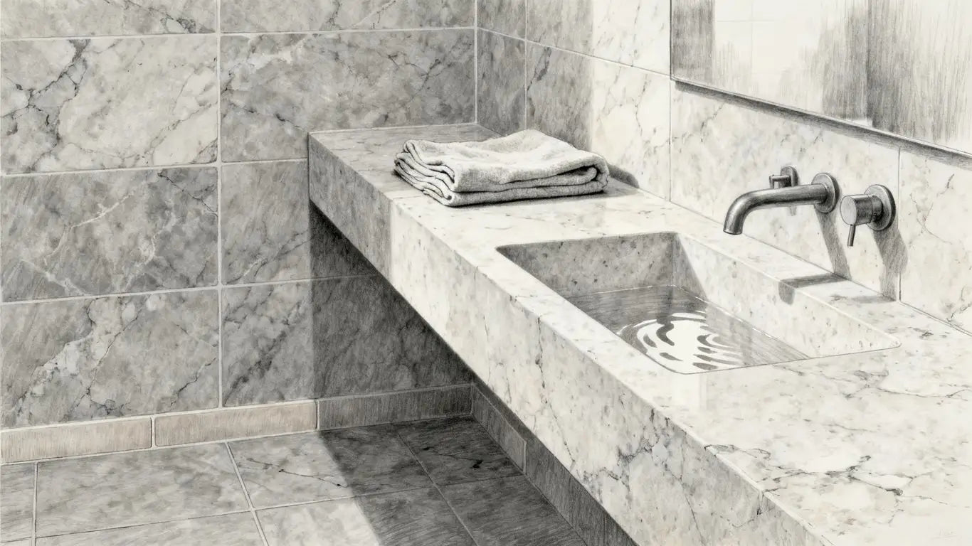 Tumbled gray marble bathroom detail