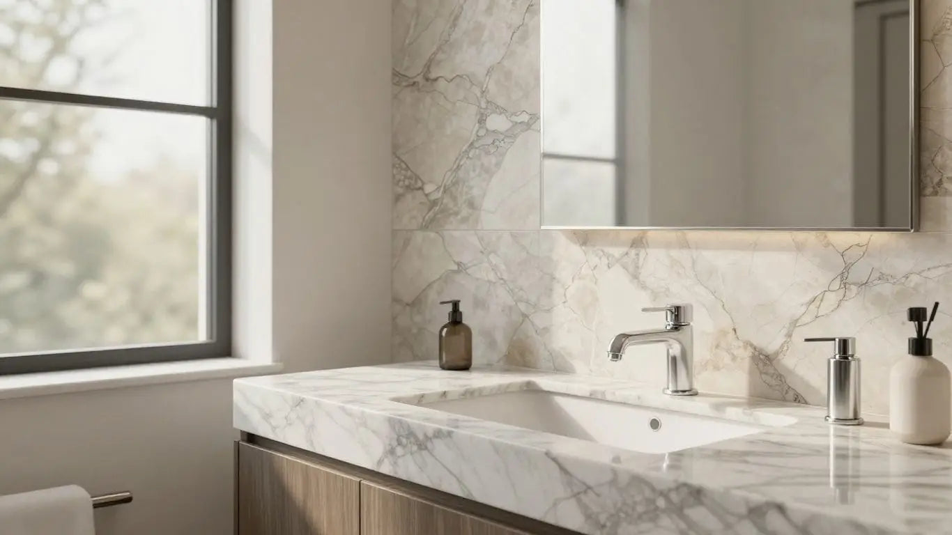 Elegant bathroom with natural stone tiles and marble vanity.