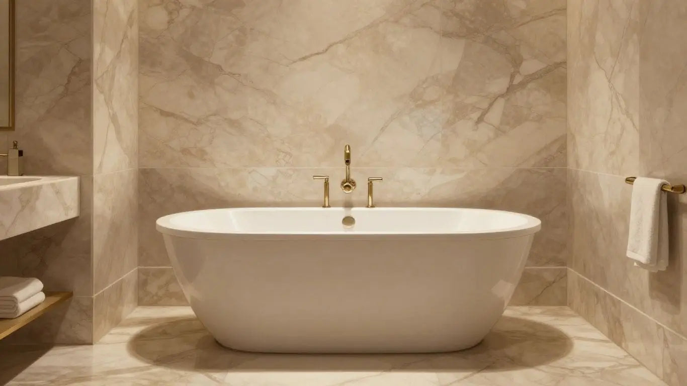Beige marble bathroom with elegant bathtub and veined stone.