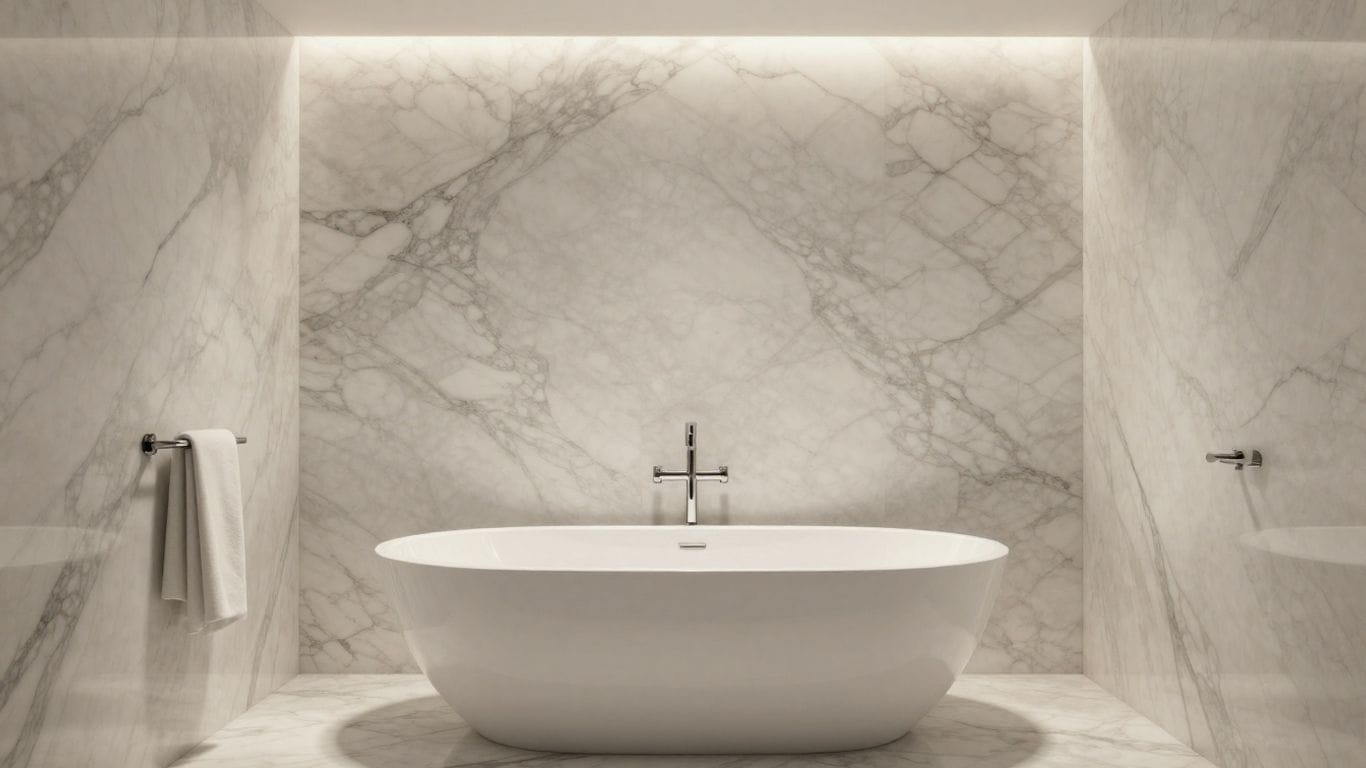 Elegant bathroom with Cielo marble bathtub and walls.