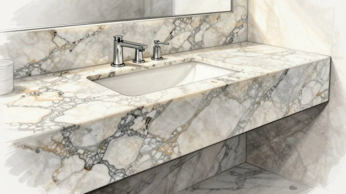 Natural stone countertop in a modern bathroom sketch.