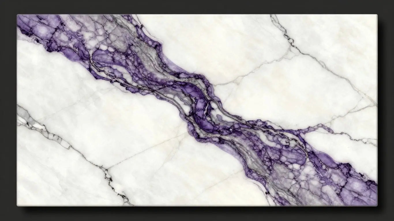 Calacatta Viola marble slabs with purple and grey veins.