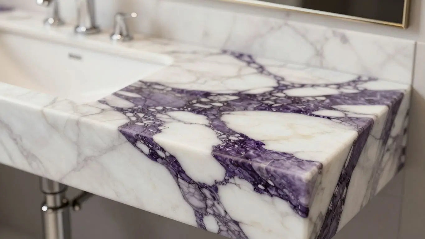 Calacatta Viola marble vanity with purple veining.