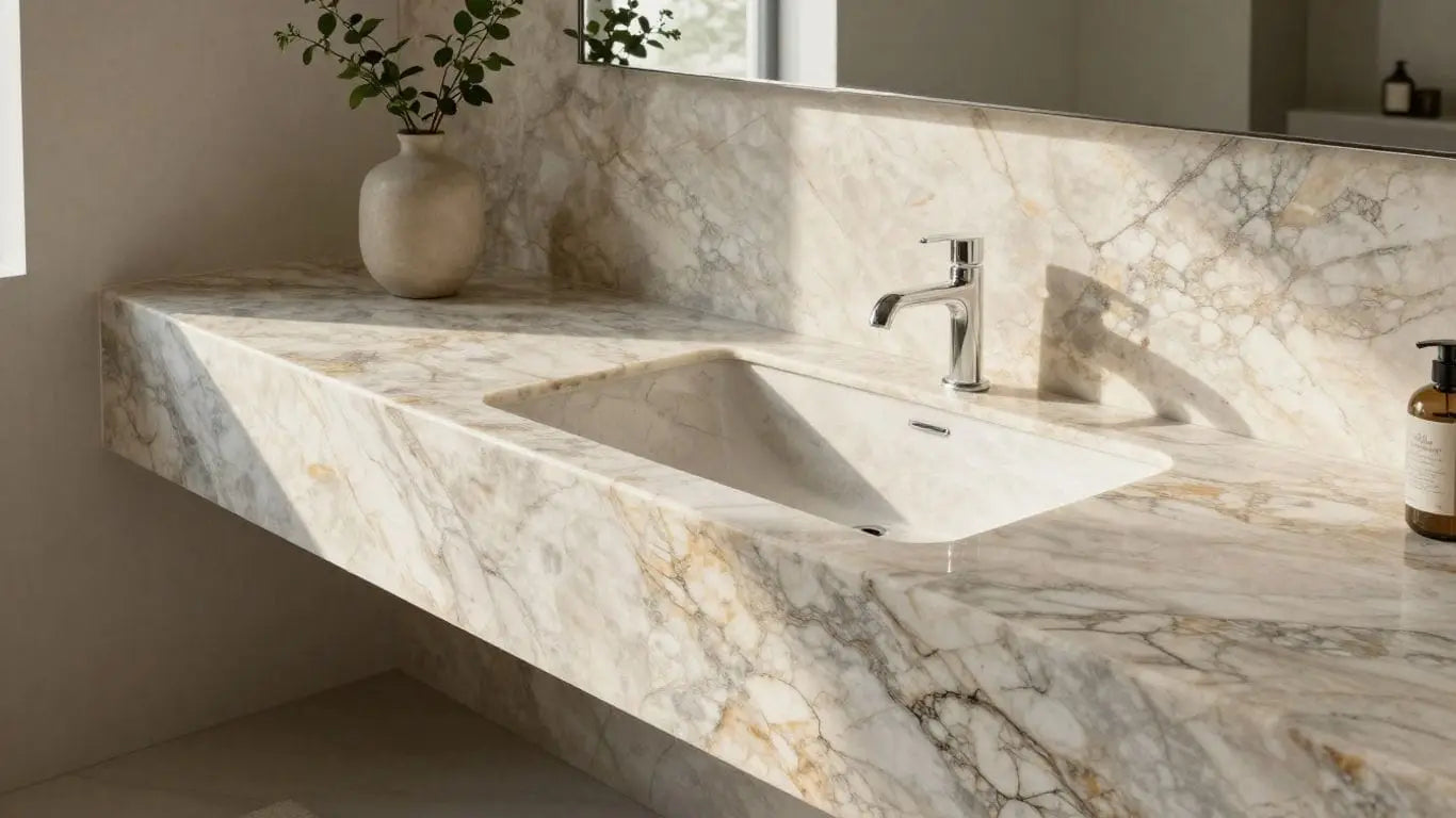 Natural stone vanity countertop in a bright bathroom.