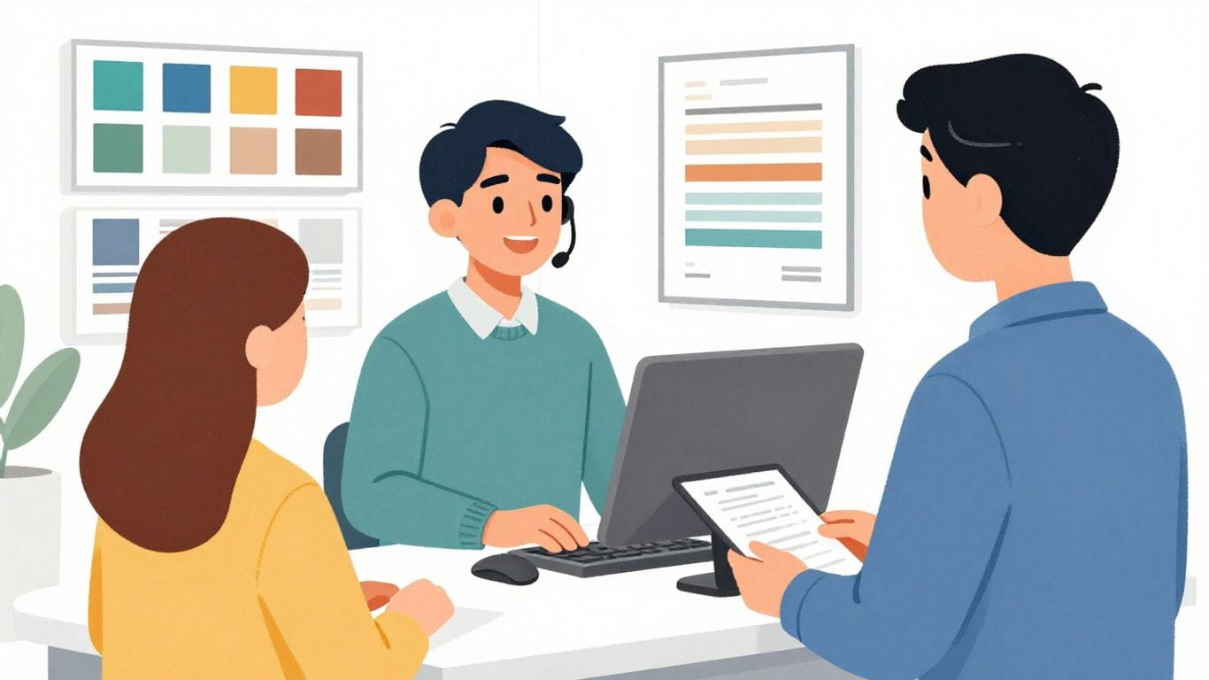 Customer service interaction in a countertop showroom.