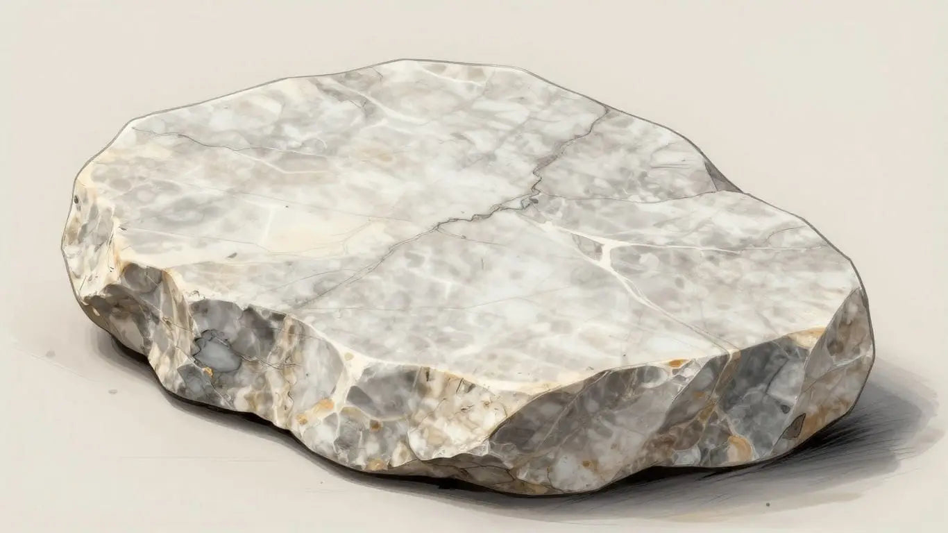 Marble block transforming into polished slab with veins.