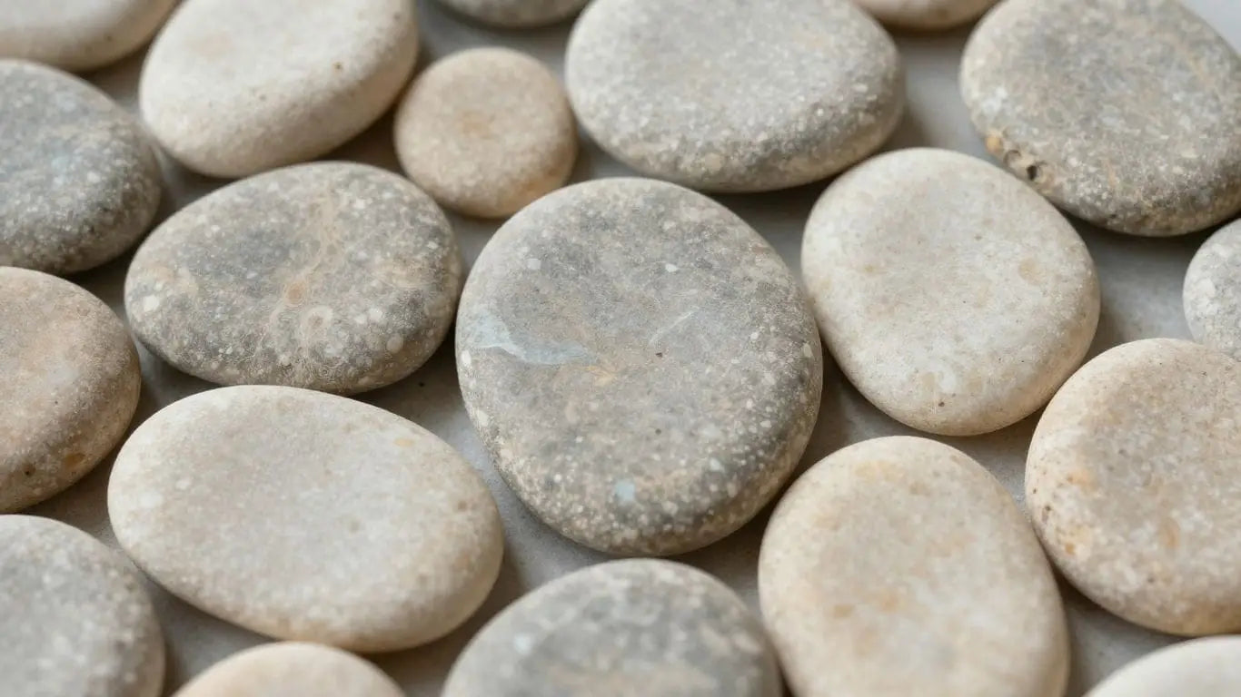 Tumbled limestone tiles with a soft, matte finish.