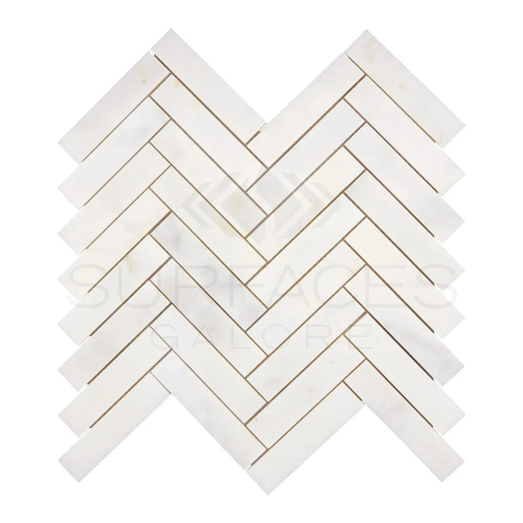White herringbone tile pattern of Snow White 1X4 Herringbone Marble Mosaic Polished