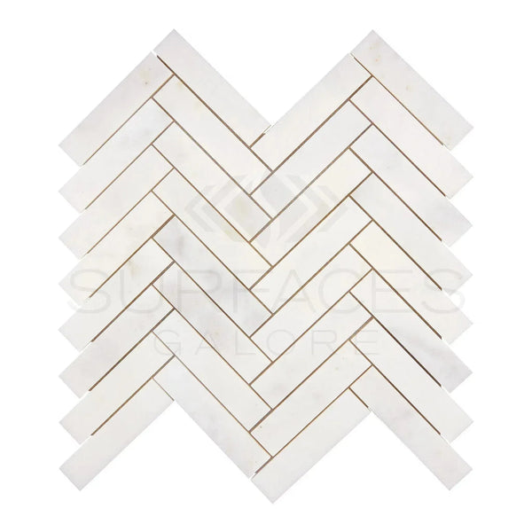 White herringbone tile pattern of Snow White 1X4 Herringbone Marble Mosaic Polished