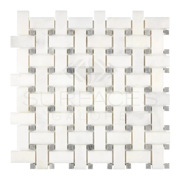 White and gray woven mosaic tile in Snow White Basketweave Marble Mosaic Polished