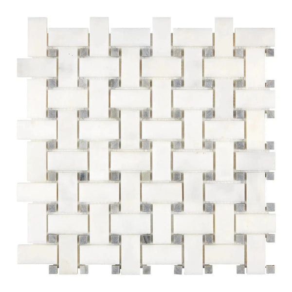 Woven white and gray mosaic tile from Snow White Basketweave Marble Mosaic Polished