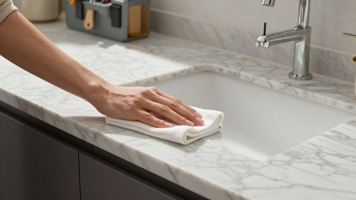 Cleaning marble countertop with tools in modern kitchen