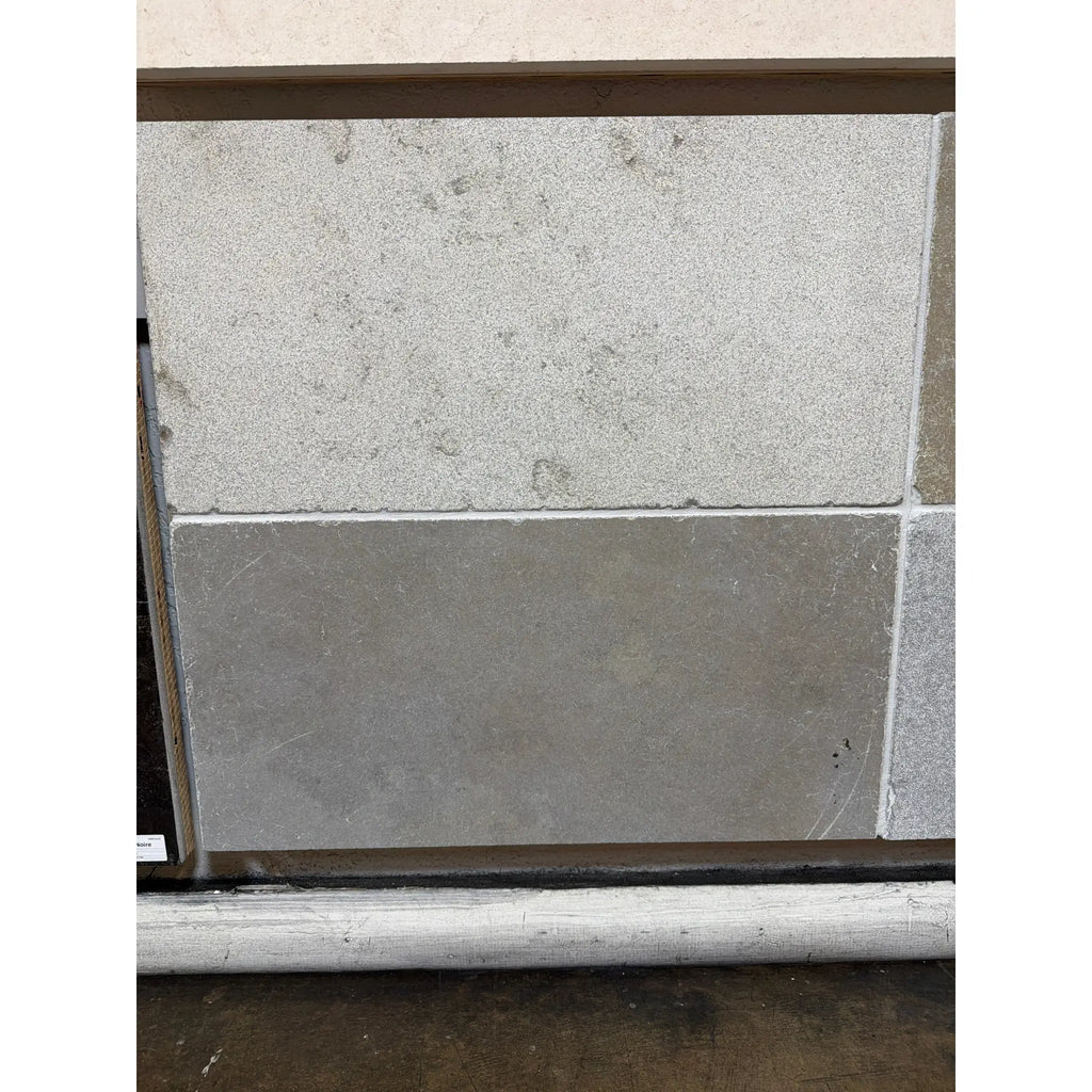 Gray textured reclaimed limestone tile, Solaris 16x24 multi finish blend