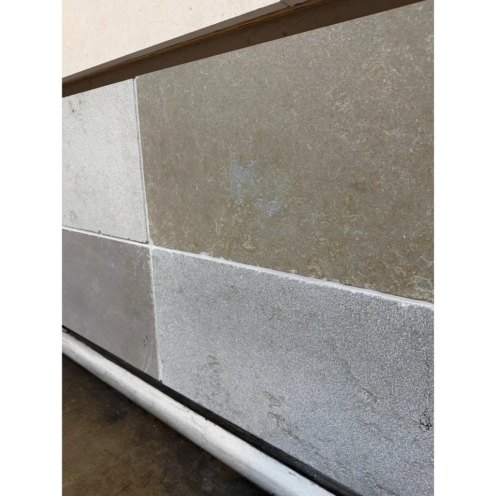 Solaris 16x24 reclaimed limestone tile in gray beige staggered pattern