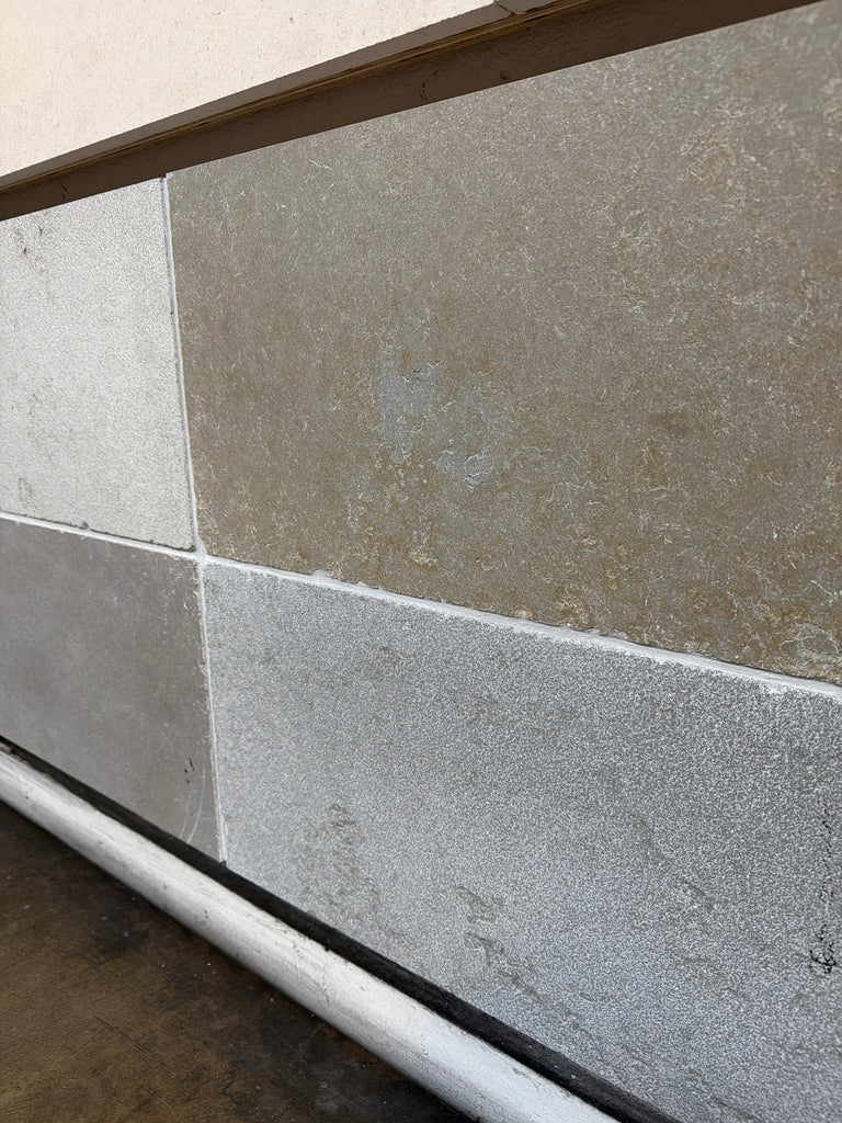 Solaris 16x24 reclaimed limestone tile in gray beige staggered pattern