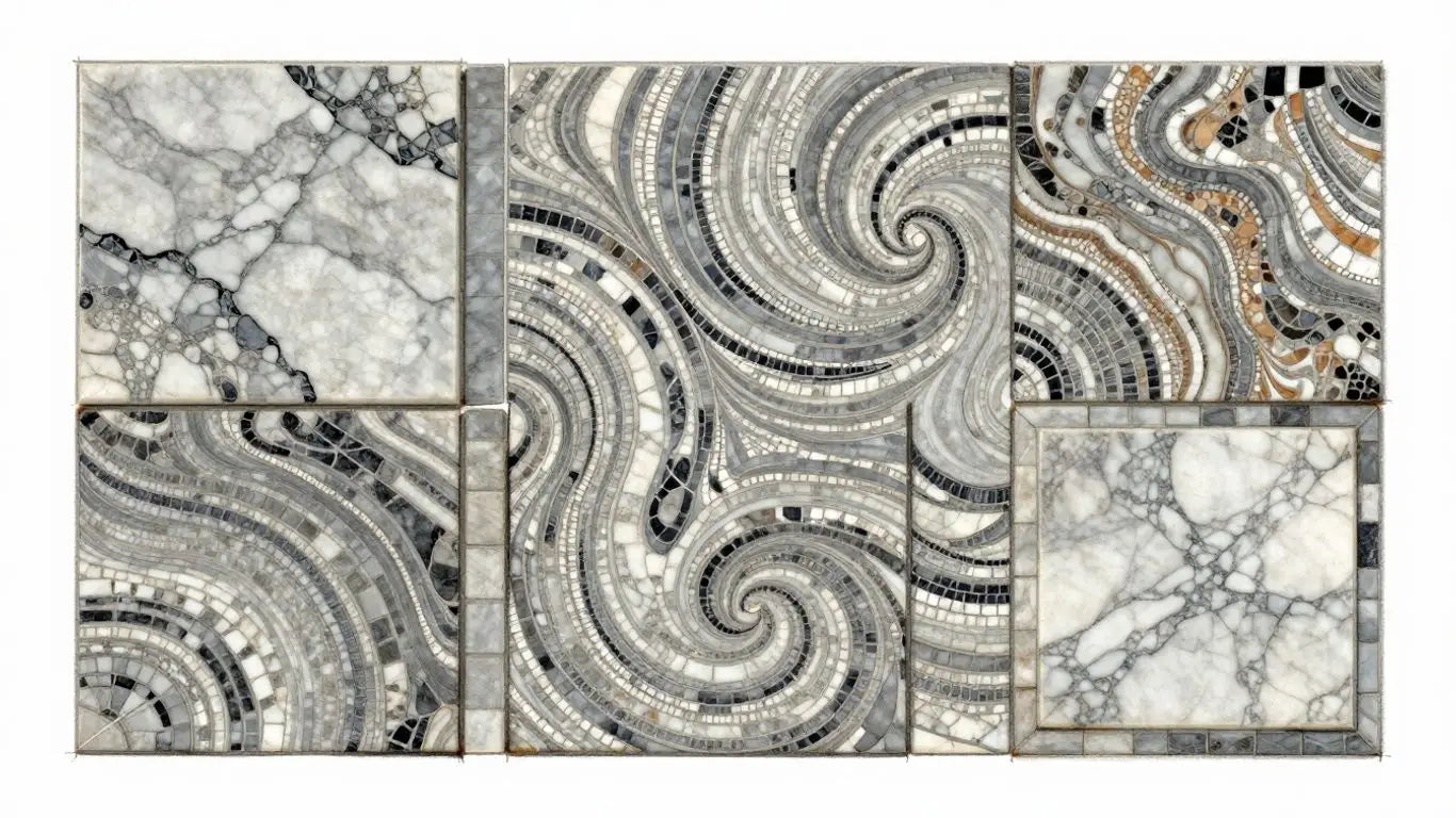 Marble mosaic tiles in various patterns and finishes.