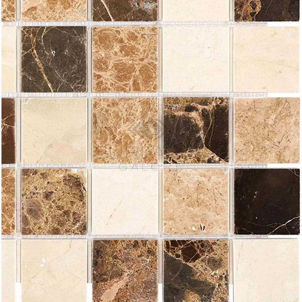 Square marble mosaic tiles in Spanish Mix 2X2 Crema Marfil and Emp. Light and Dark finish