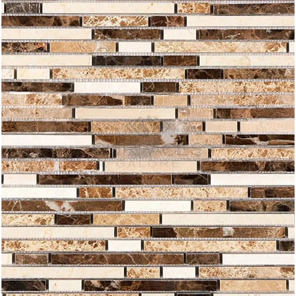 Horizontal mosaic tile pattern featuring Spanish Mix Bamboo Sticks Crema Marfil and marble