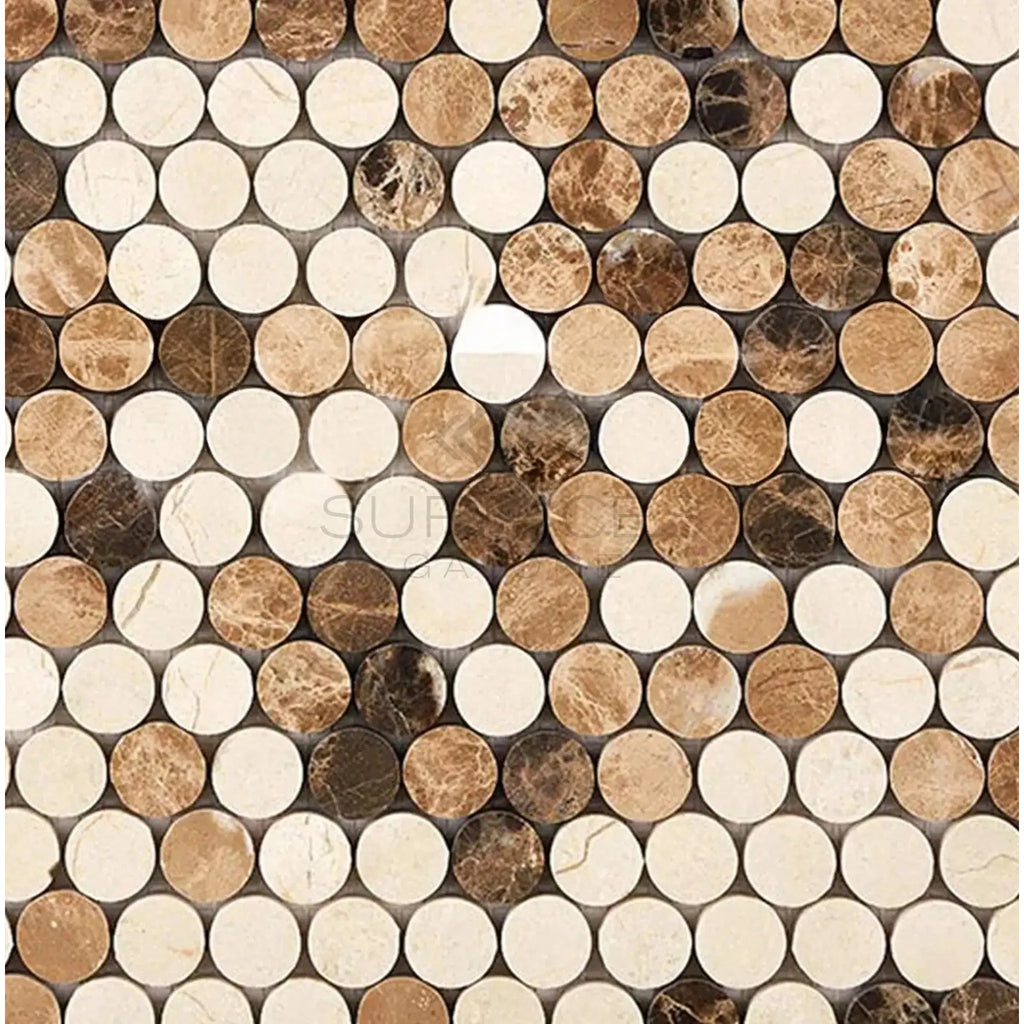 Circular marble mosaic tile pattern in Spanish Mix Penny-Round Crema Marfil design