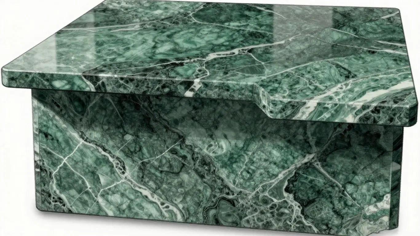 Elegant Ming Green marble countertop in a sketch-style interior.