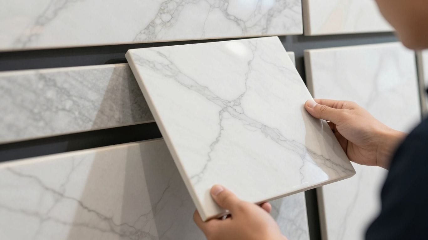 Homeowner choosing luxury marble tile for home.