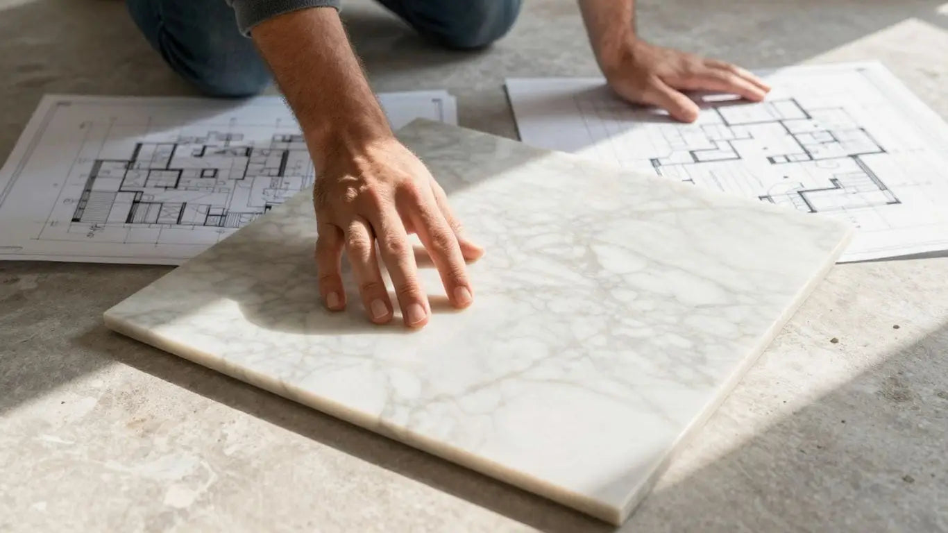 Marble tile samples and renovation sketch.