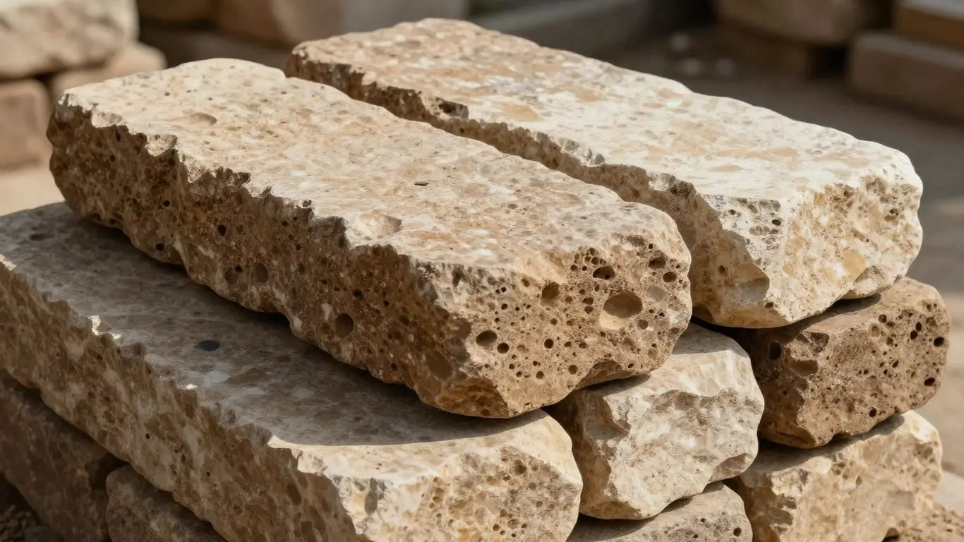 Sketch of stacked scabos travertine bricks with natural color variations.