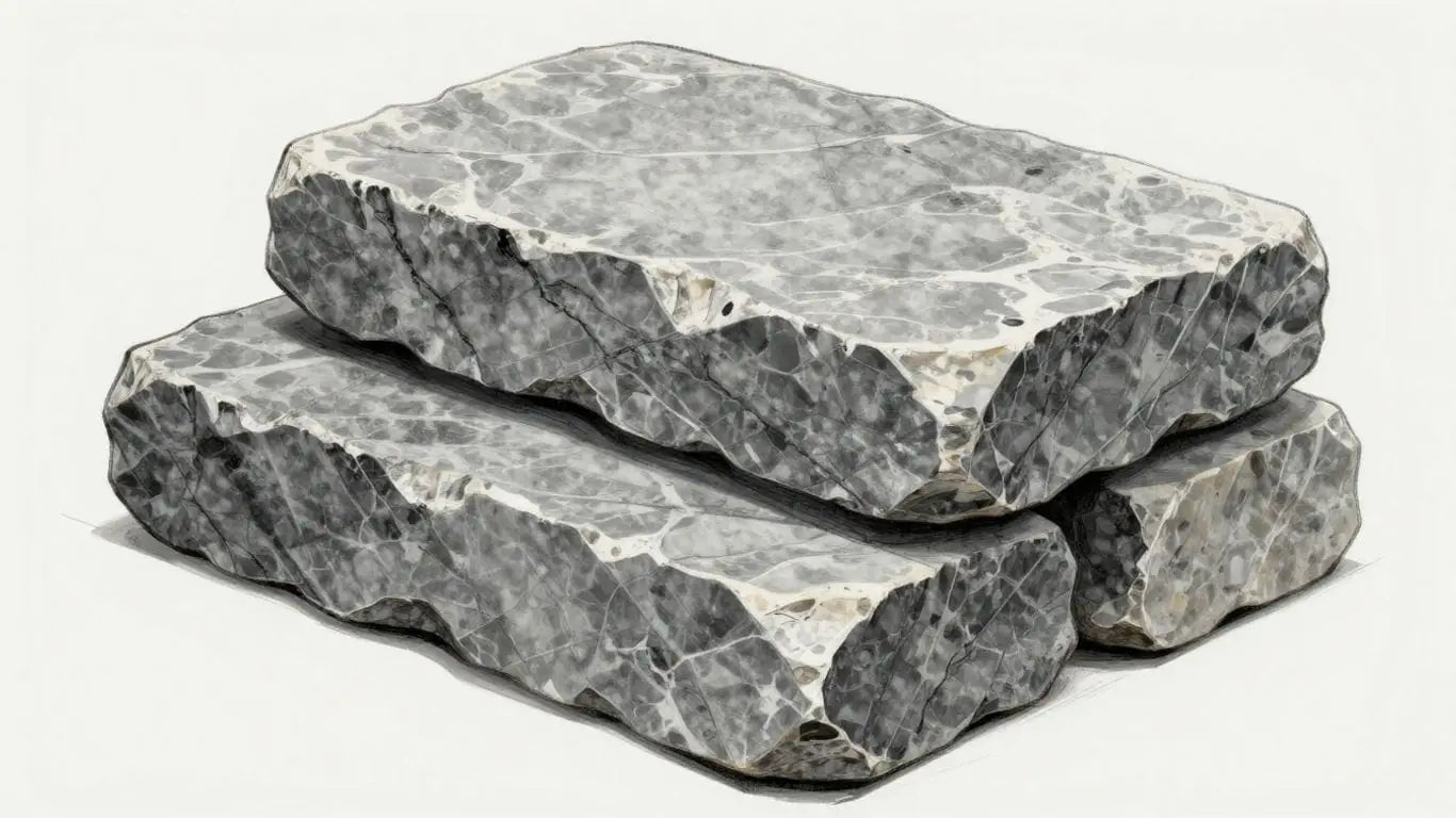 Sketch of stacked Bardiglio marble bricks with gray veining.