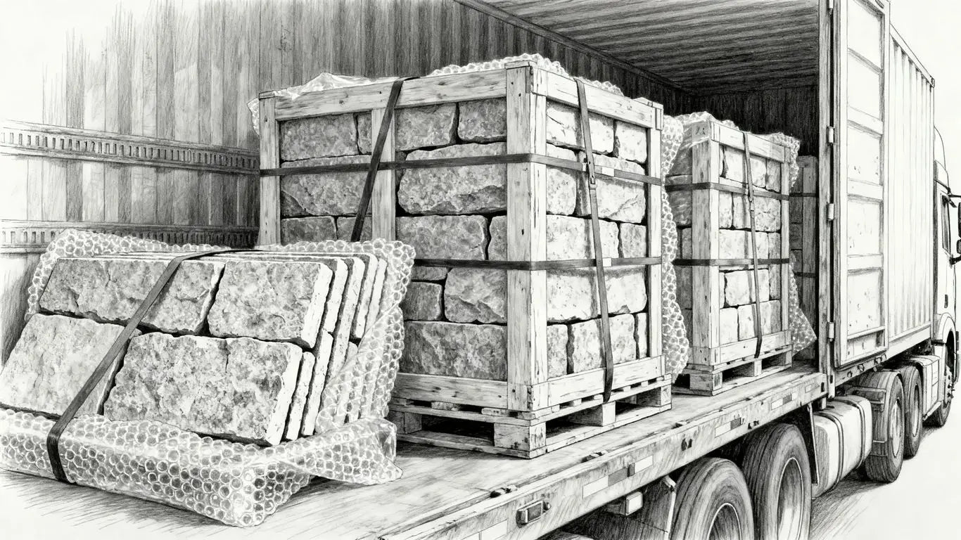 Carefully crated stone pallets secured for long-distance domestic freight travel