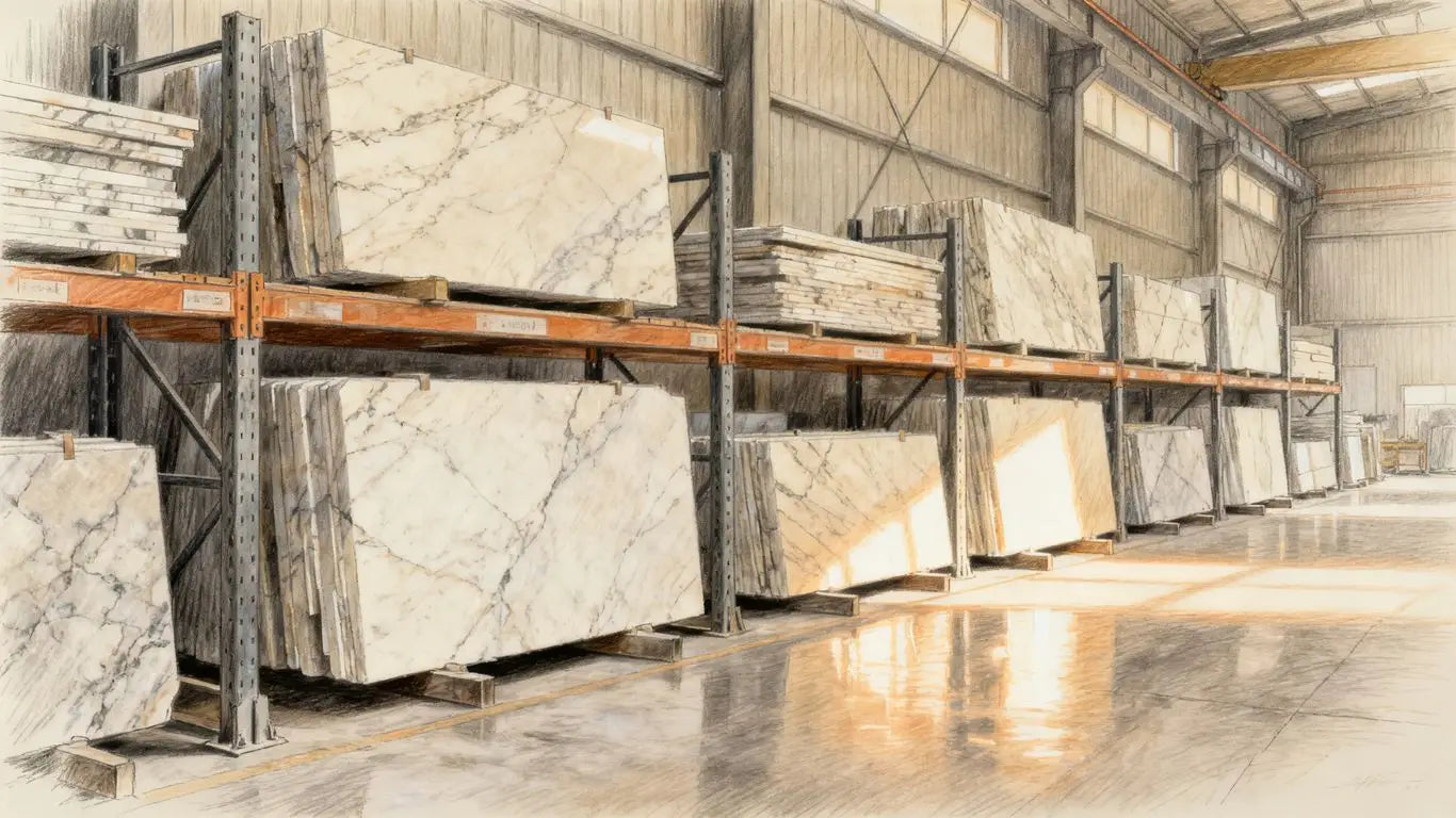 Stacks of marble in a professional warehouse facility