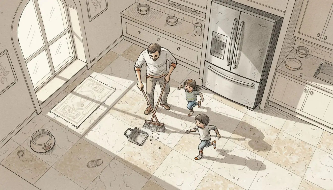 Busy kitchen floor with durable stone tiles
