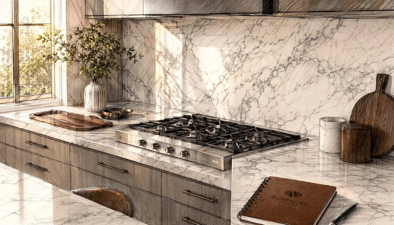 Elegant kitchen with marble backsplash and countertop