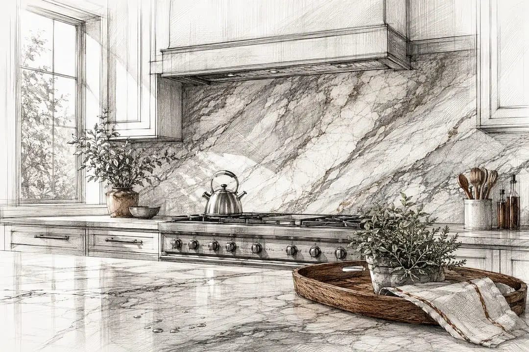 Seamless marble slab kitchen backsplash