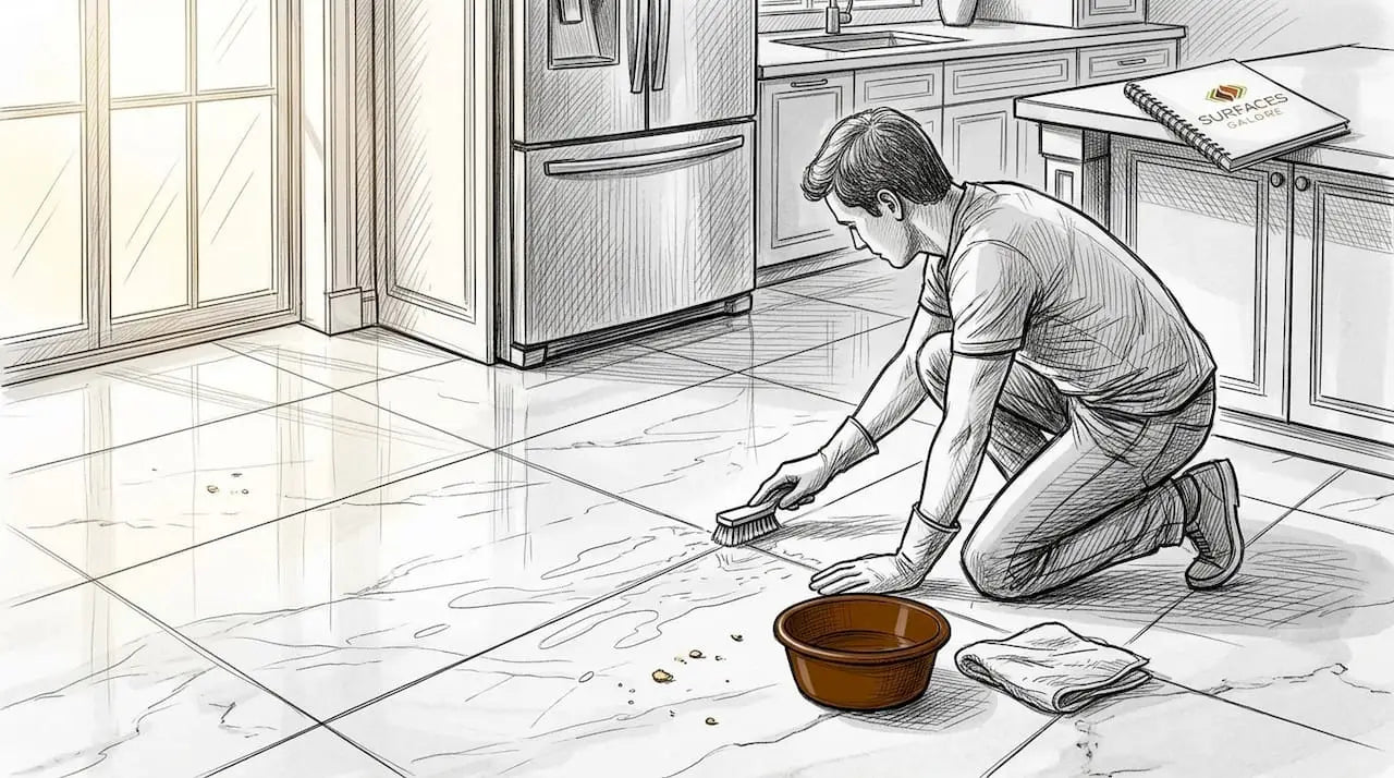 Person gently cleaning grout on marble floor