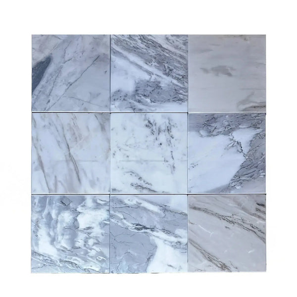 Nine polished Statuarietto Madley white marble tiles ideal for elegant flooring