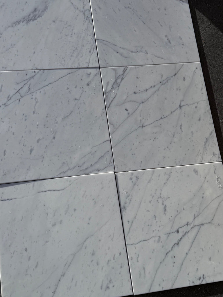 Statuario White 12x12 Italian marble tiles with gray veining, polished