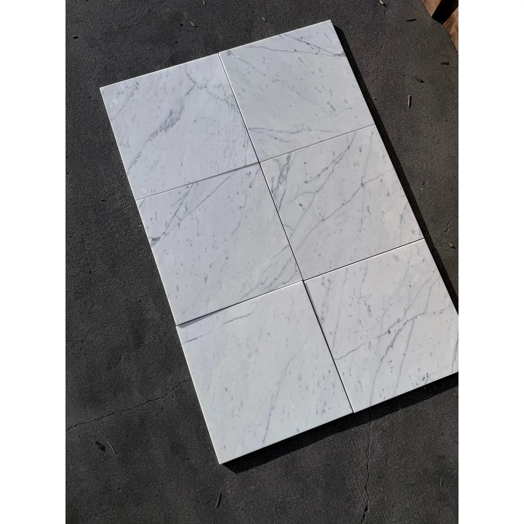 Statuario White 12x12 Italian marble tiles with gray veining, polished