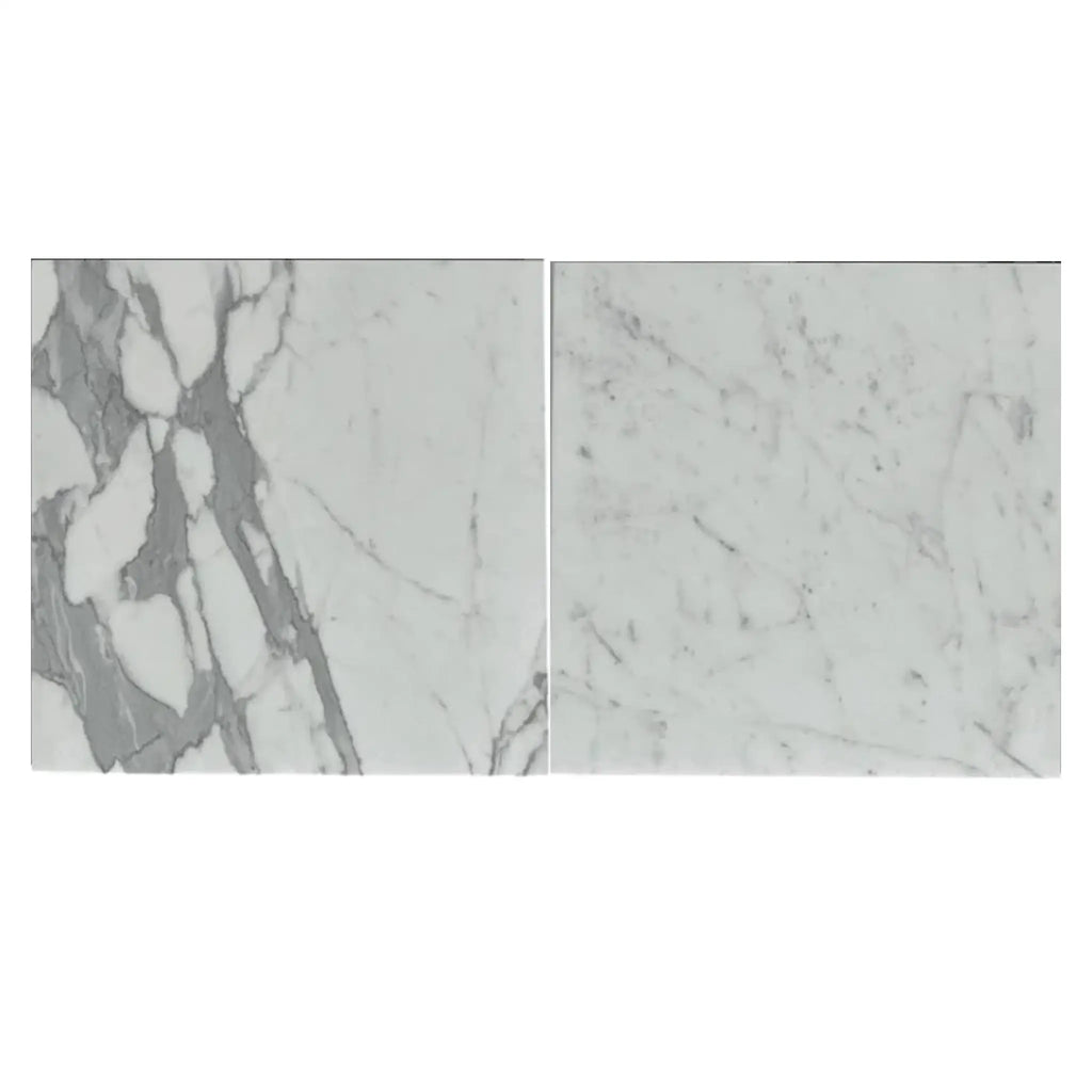 Two Statuary-Statuario White 12X24 Italian Marble Polished tiles displayed elegantly