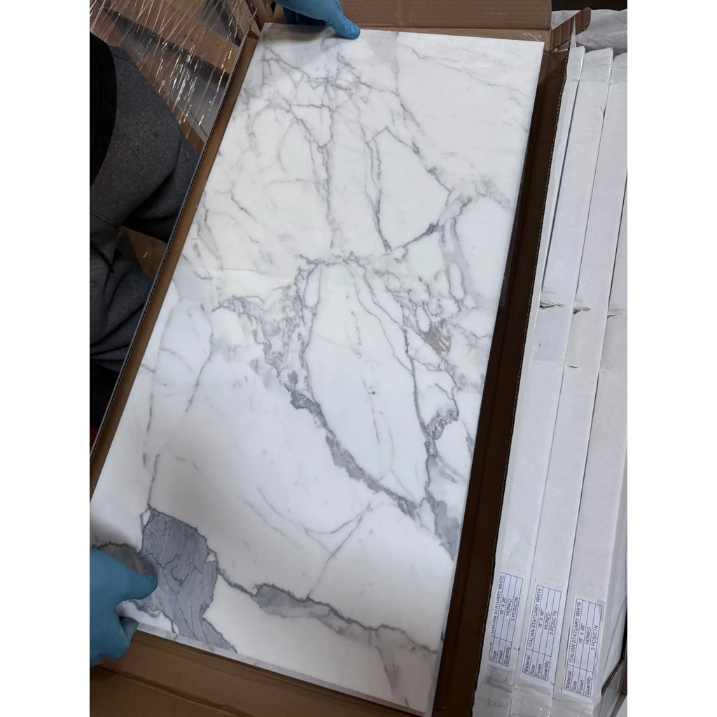 Marble-patterned rectangular tile from Statuary-Statuario White 12X24 Italian Marble collection