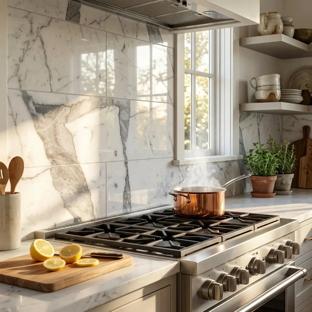 A gleaming copper pot on a stainless steel gas stove with statuario white 12x24 premium italian marble polished surface