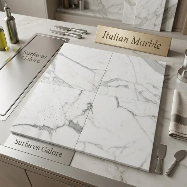 Statuario white 18x18 premium Italian marble tiles with elegant gray veining displayed in a sleek showroom setting