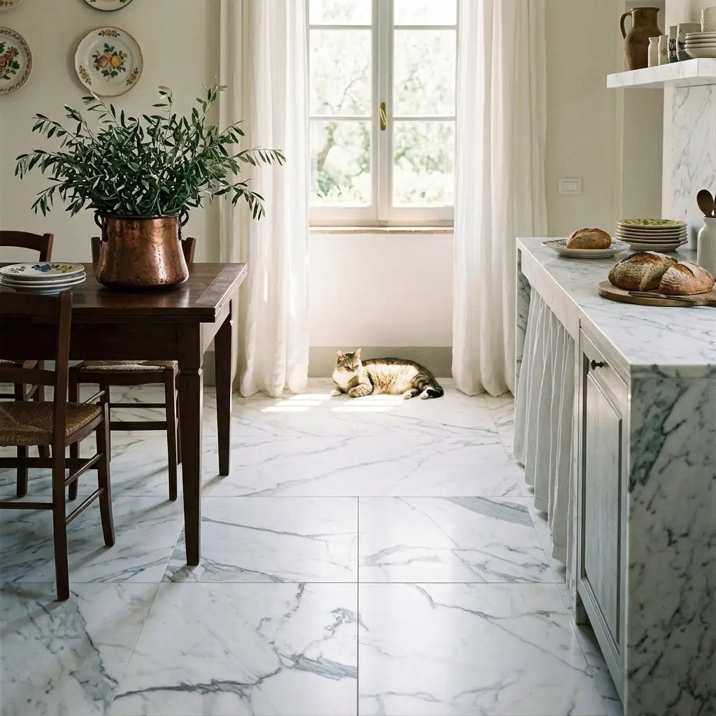 A sleek white marble floor with elegant gray veining in statuario white 18x18 premium italian polished marble
