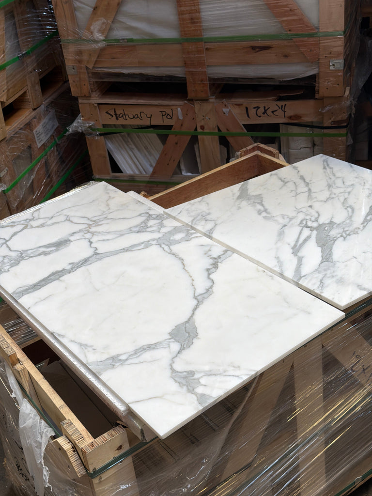 White Statuario Italian marble tile with gray veining in 18x36 polished or honed finish