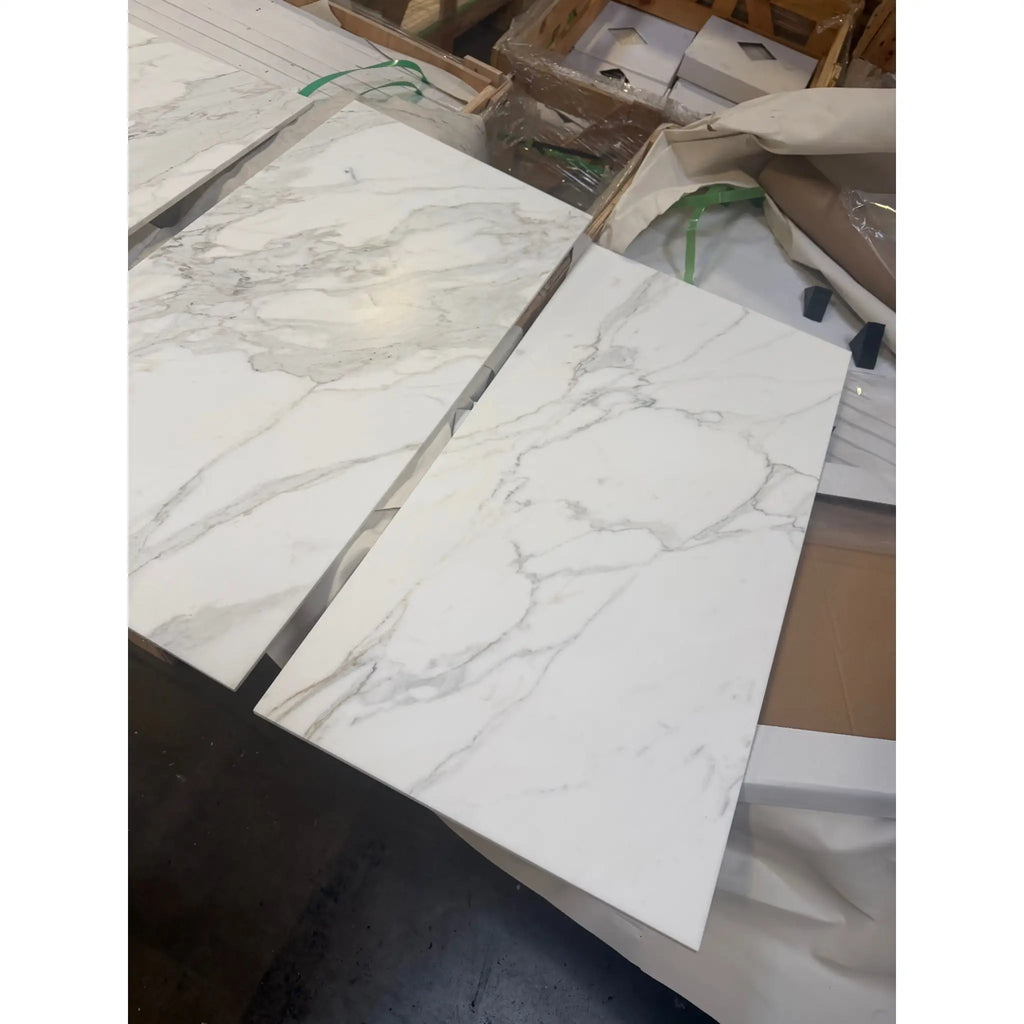 Statuario White 18x36 Italian marble tiles with gray veining