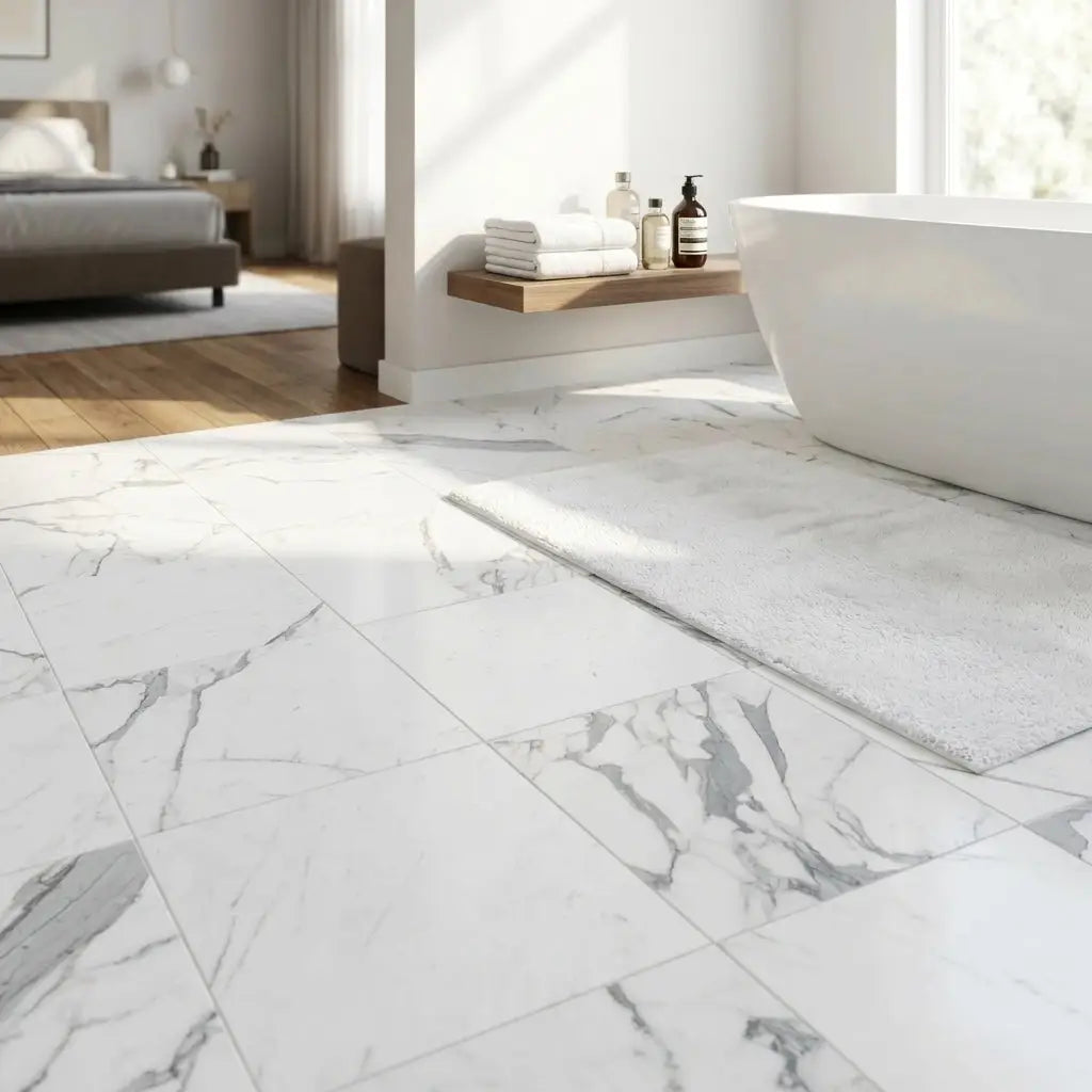Statuario white 24x24 premium Italian marble floor tiles with white marble effect and gray veining polished or honed