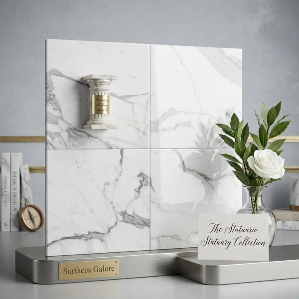 Statuario white 24x24 premium Italian marble polished tiles with gray veining displayed on a metallic base