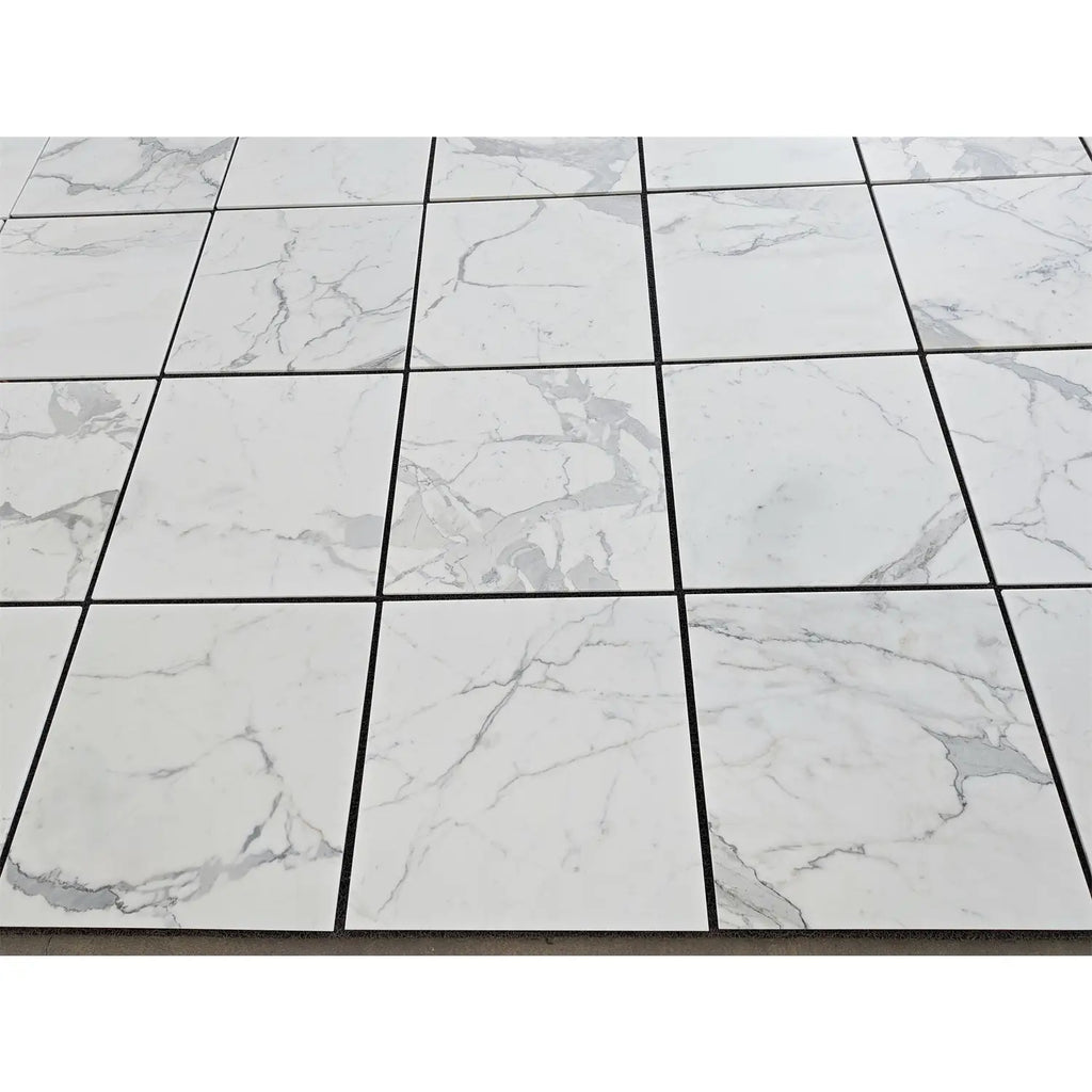Statuario white 24x24 premium italian marble polished floor tiles with gray veining and black grout lines