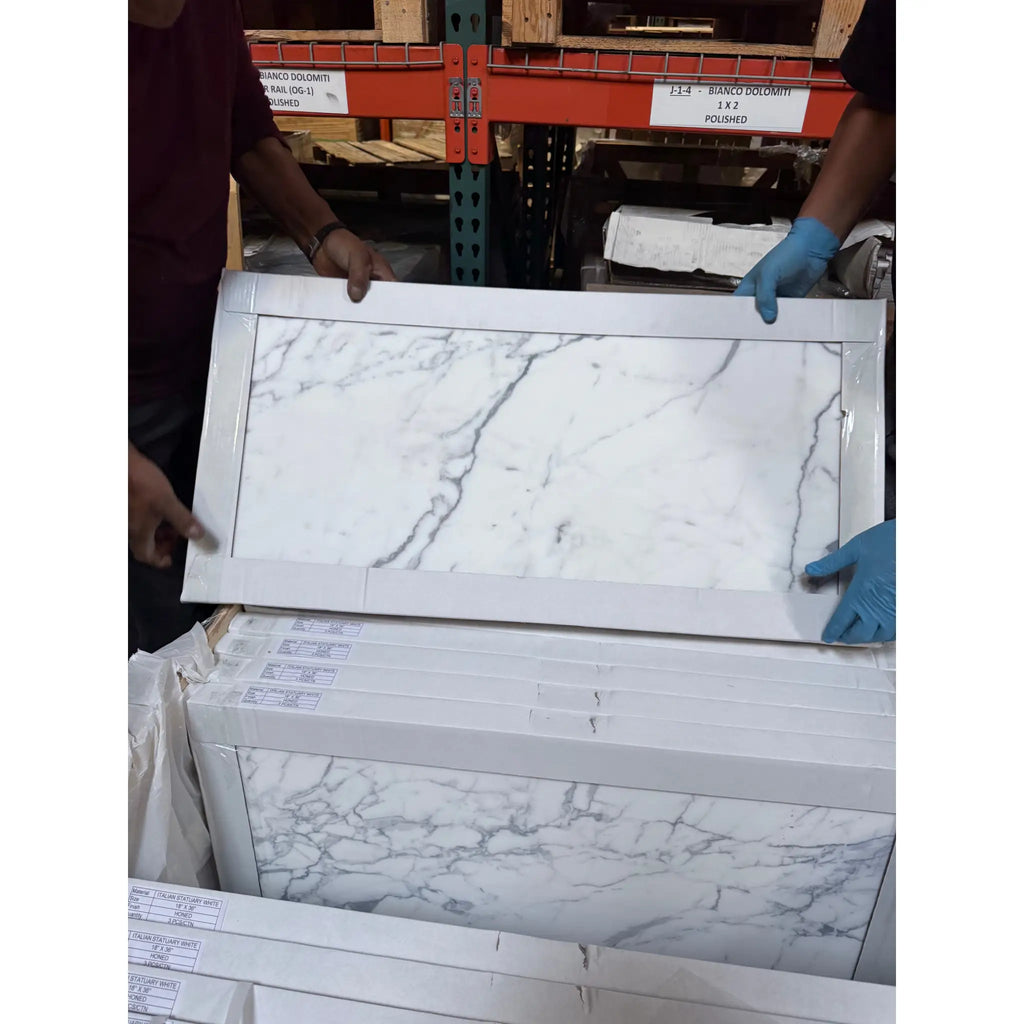 Marble-patterned Statuary-Statuario White 24X24 Italian Marble tile in packaging